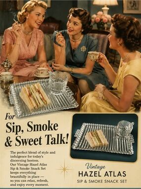 Vintage MCM Hazel Atlas Sip & Smoke Ball & Rib Hostess Snack Tray Set of 4